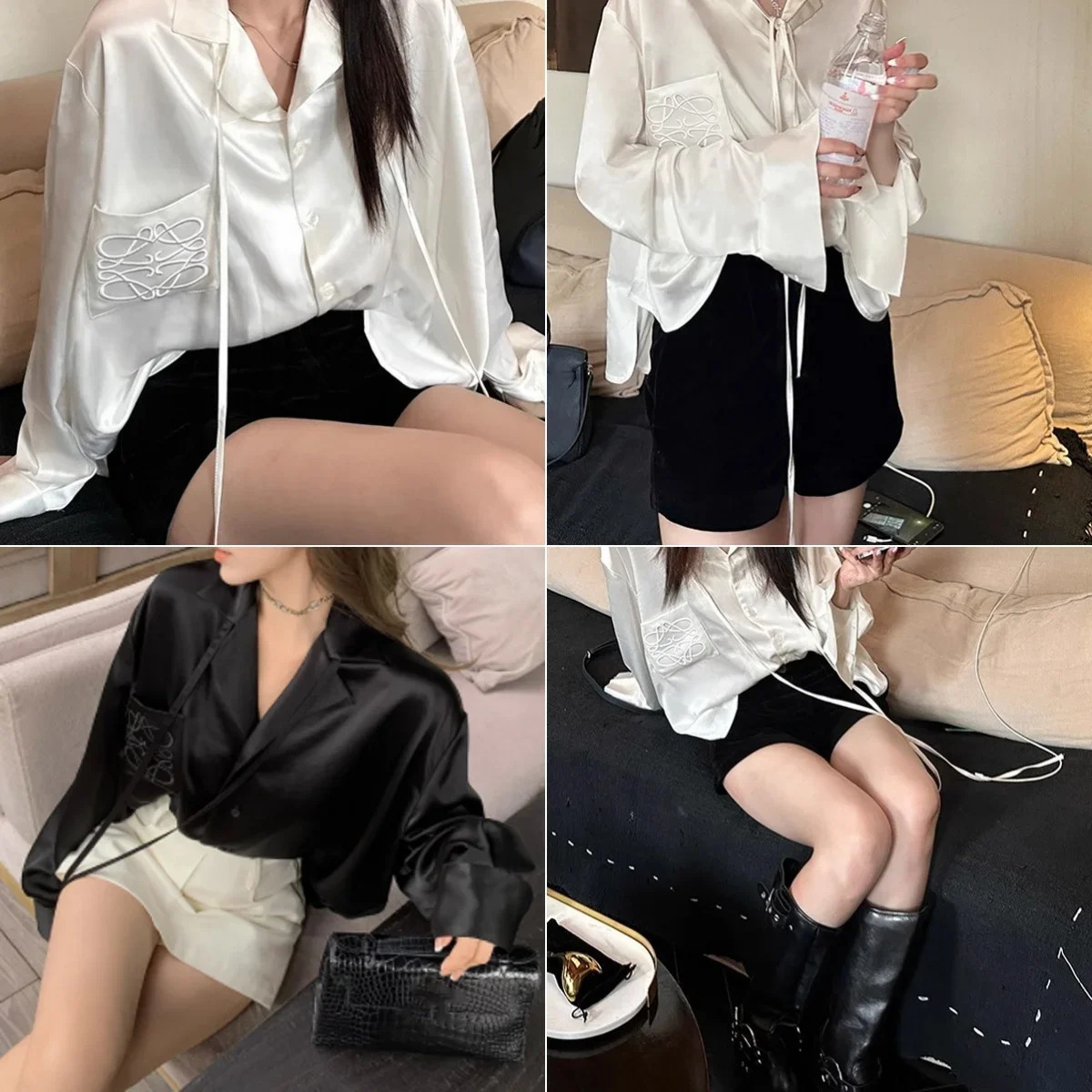 Jinqian satin imitation acetic acid streamer embroidered shirts blouses loose and thin lazy longsleeved womens tops 250724