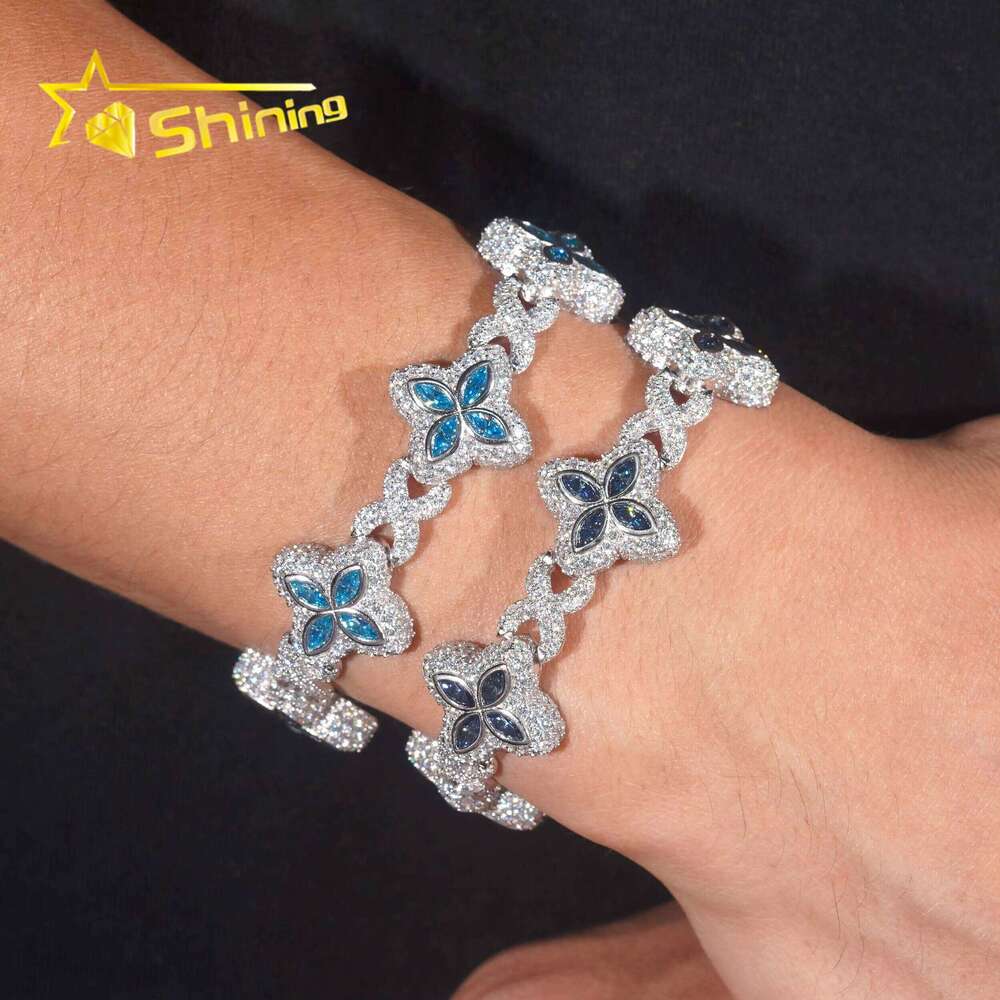 Hip Hop Jewelry Sier 18mm VVS Blue Clover Custom Iced Out Moissanite Bracelet for Men Women