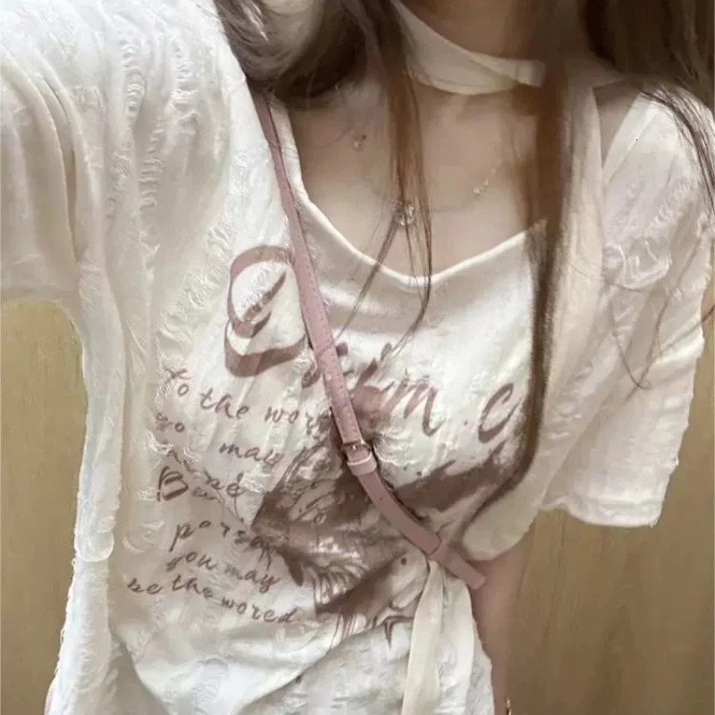 Summer Harajuku Letter Print Grunge Tshirts Loose Streetwear Oversized Tops Women Y2k Aesthetic Casual Drawstring Tees 250704