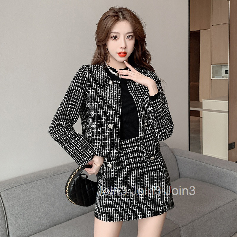 Spring New Womens French Tweed Houndstooth Short and Long Sleeve Jacket Top and Half Skirt Two-Piece Set