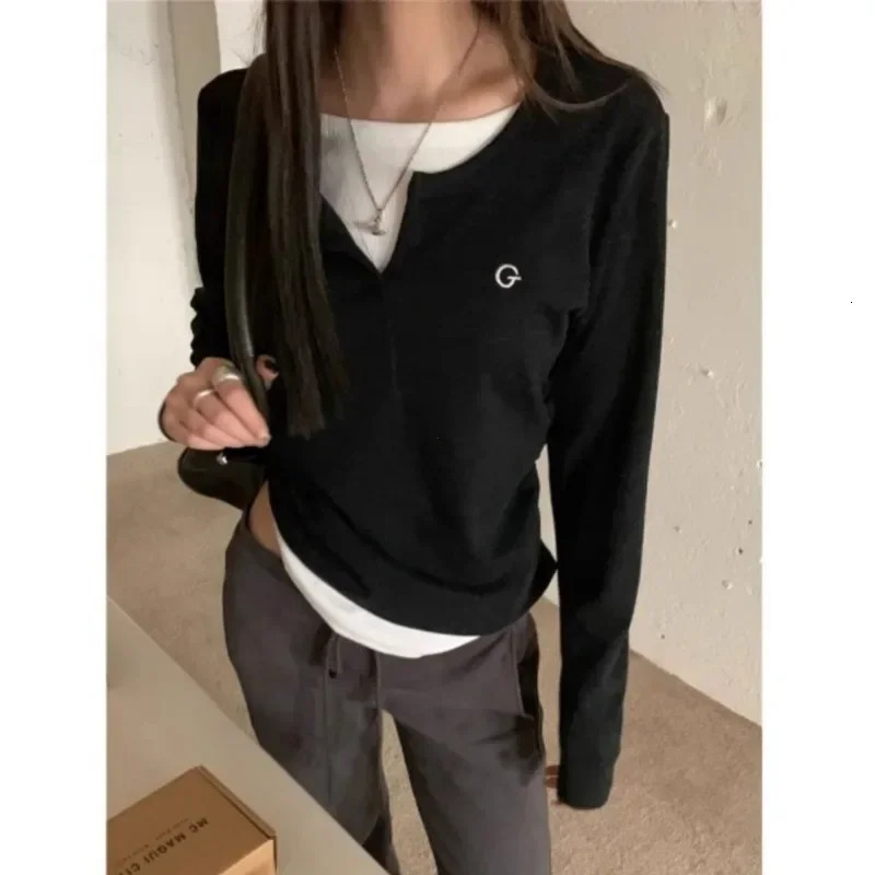 Autumn Winter Long Sleeves Korean Fashion Style O-neck T-shirt for Women Two Items T-shirts Ladies Top Tee Clothes 250725