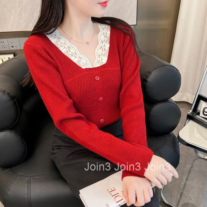 Winter Spring New Lace Patchwork V-Neck Ribbed Slim Pullover Knitted Sweater Womens Short Top