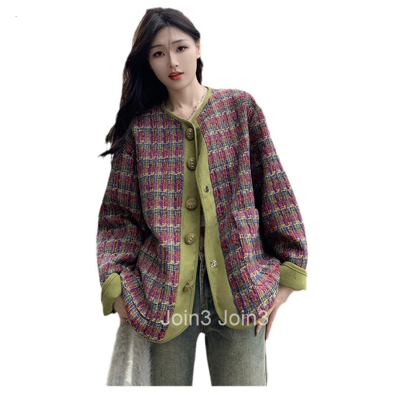 Autumn Winter New French Style Loose Plaid Elegant Woven Color-Block Trim Long Sleeve Wool Coat Mid-Length