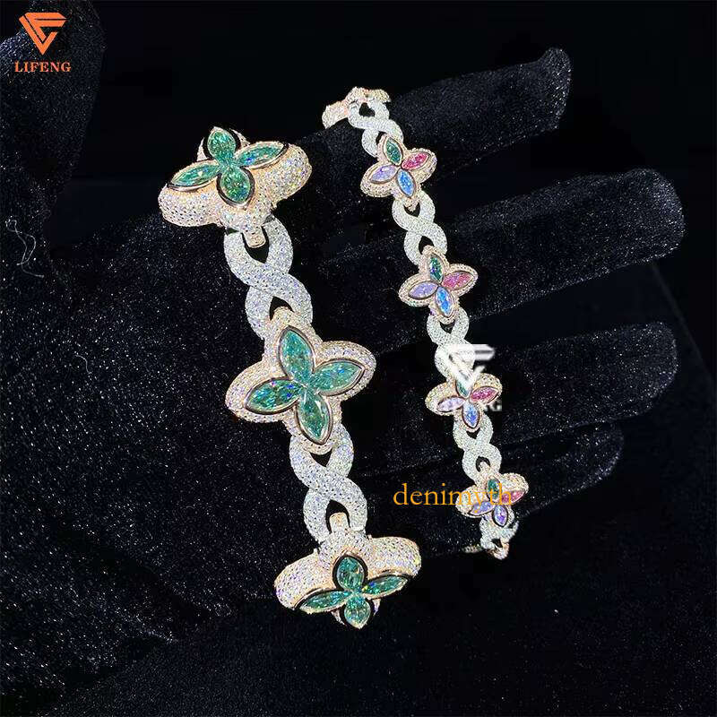 Jewelry Lucky Clover Sier Iced Out VVS Blue Pink Green Dia Moissanite Bracelet