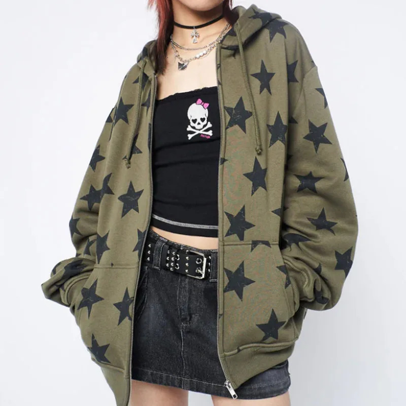2000s Vintage Star Oversized Sweatshirt Jacket Harajuku Goth Long Sleeve Women Hip Hop Zip Up Hoodies Top 250729