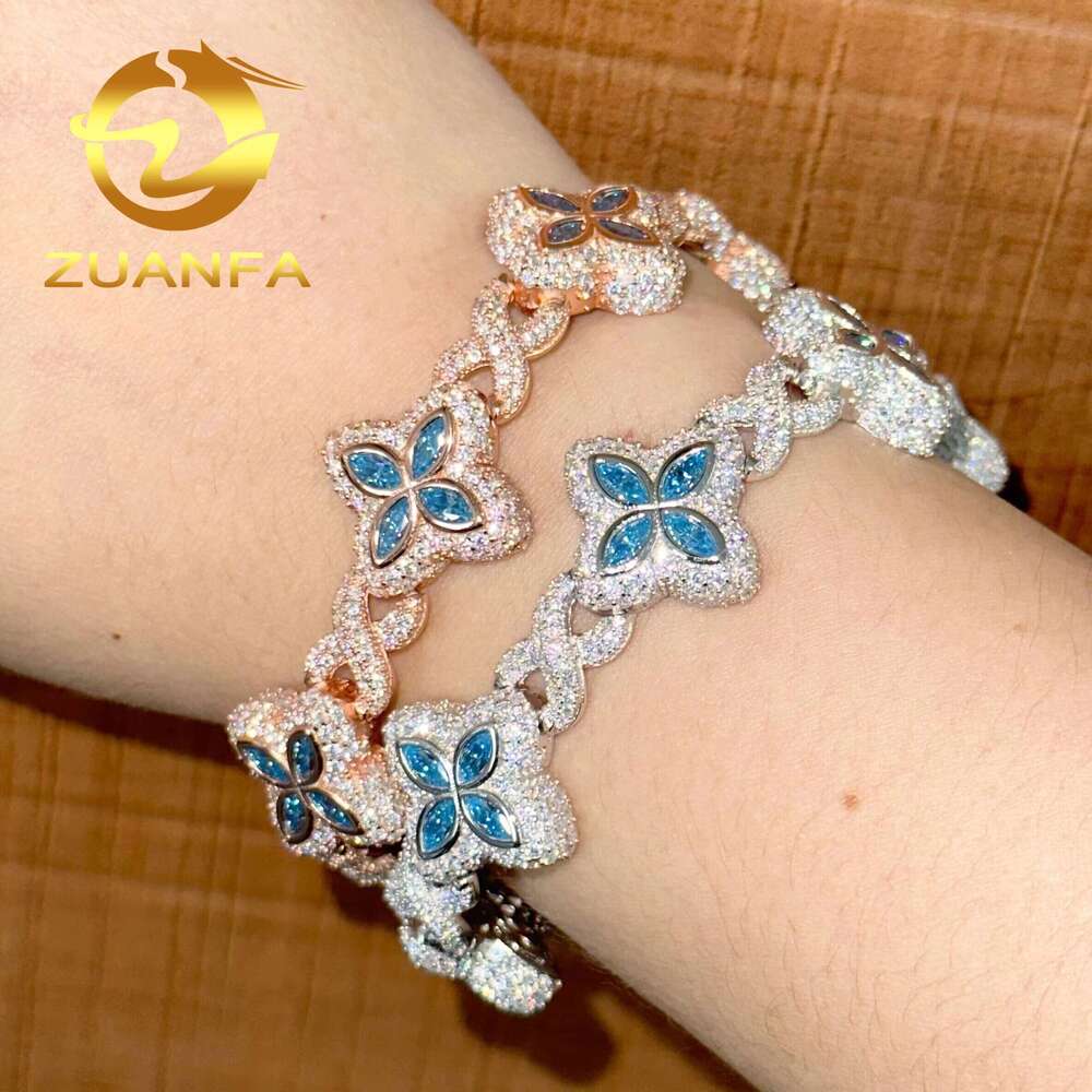 Fashion Rapper Jewelry Blue Iced Out Men Cuban Sterling Sier Moissanite Bracelet Pass Dia Tester
