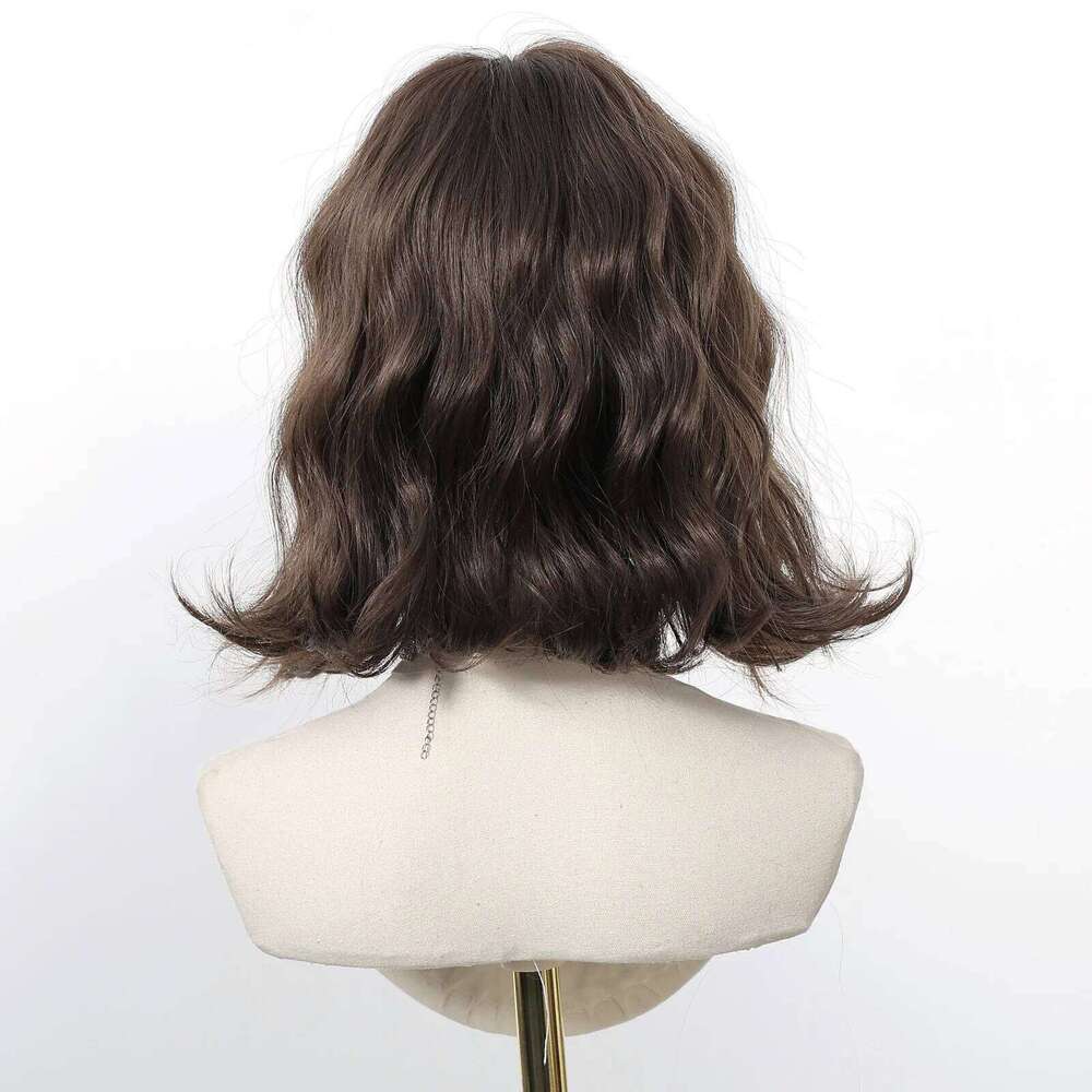 12 Inch Brown Bob Natural Synthetic Cute Hair Short Wavy Curly Wig With Bangs For Women Daily Party Use Heat Resistant Fiber