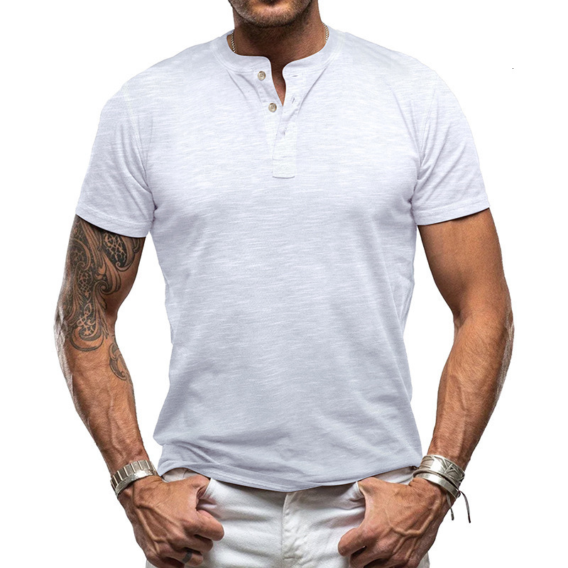 2024 Summer New Short Mens Solid Color Bamboo Henley Shirt American Style Mens Fashion T-Shirt