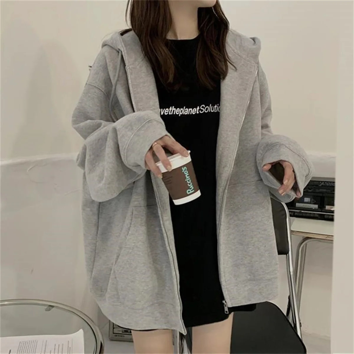 Spring Fall Women Loose Hooded Sweatshirt Jacket Solid Zipper Long Sleeve Coat Oversize Vintage Korean Hoodies Casual Wear 250729