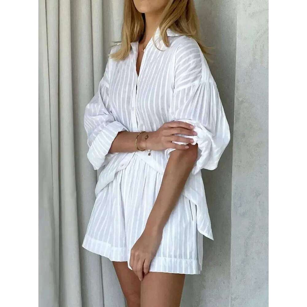 Wolfeel Casual Sets Striped Jacquard 2 Pieces Cozy Lapel Lantern Sleeve Shirt Summer Outfit Elastic Waist Shorts Suits