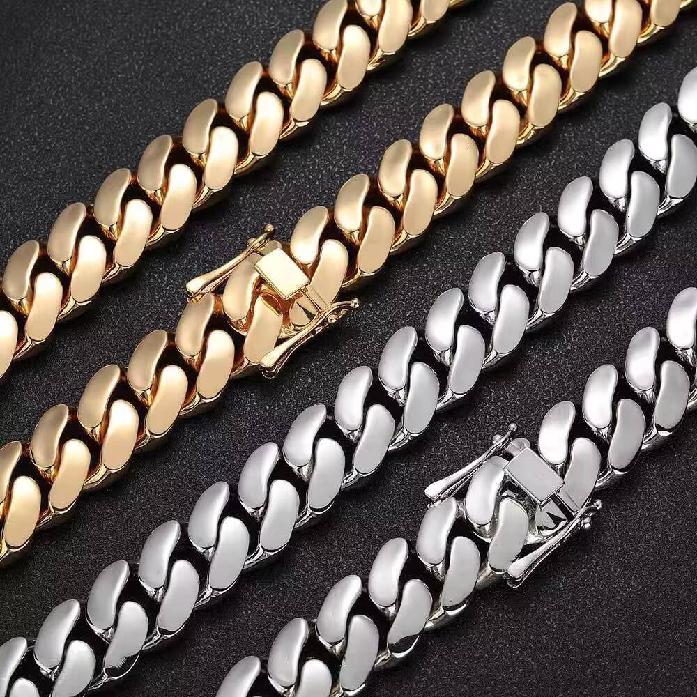 Factory Customized 18mm Genuine S925 Silver Link Chain Necklace Bracelet Set Gold Plated Miami Cuba Style