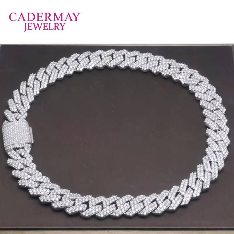 Cadermay Hip Hop Jewelry 14mm Round Moissanite Diamond Pure 925 Silver Cuban Link Chain Necklace Coutom Price