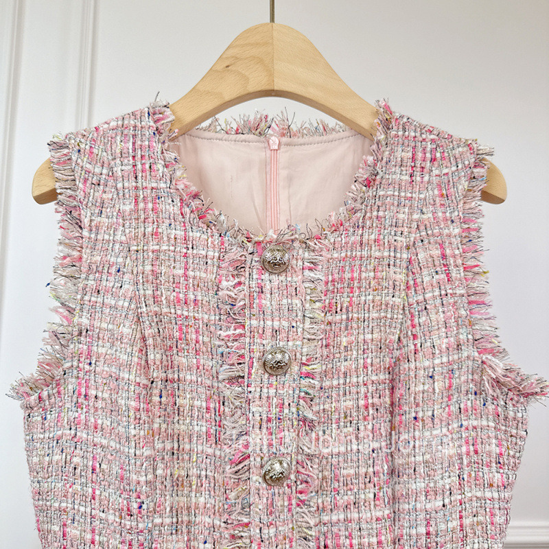 Summer Autumn New French Style Small Fragrance Tassel Tweed Slim Fit Bodycon Base Vest Sleeveless Dress Short Skirt