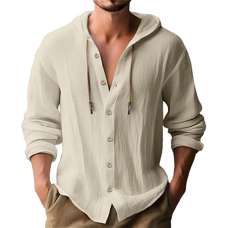 Mens Solid Color Casual Shirt Hooded Drawstring Cotton and Linen Cardigan Trendy Versatile Loose Beach TShirt 250729