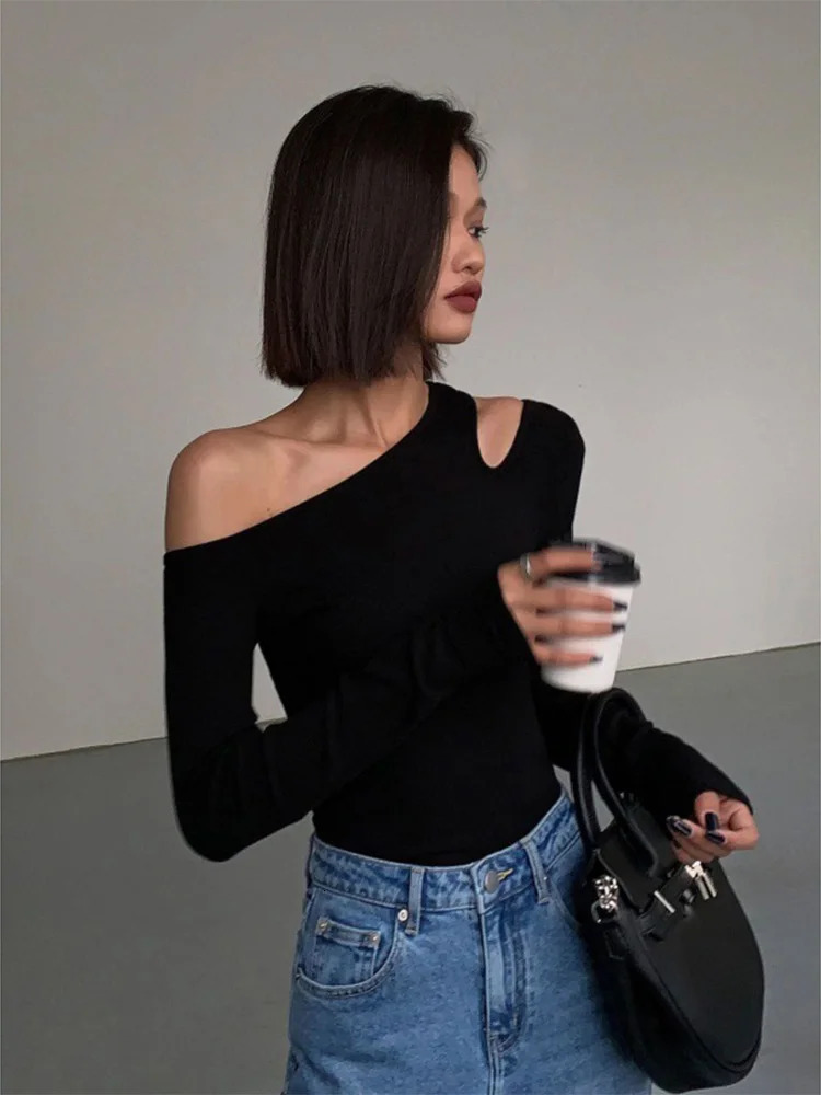 Fashion Skew Collar Offshoulder Longsleeved Tshirts Women Spring Solid Slim Fit Crop Top Sexy Hollow Out Tees Shirts 250729