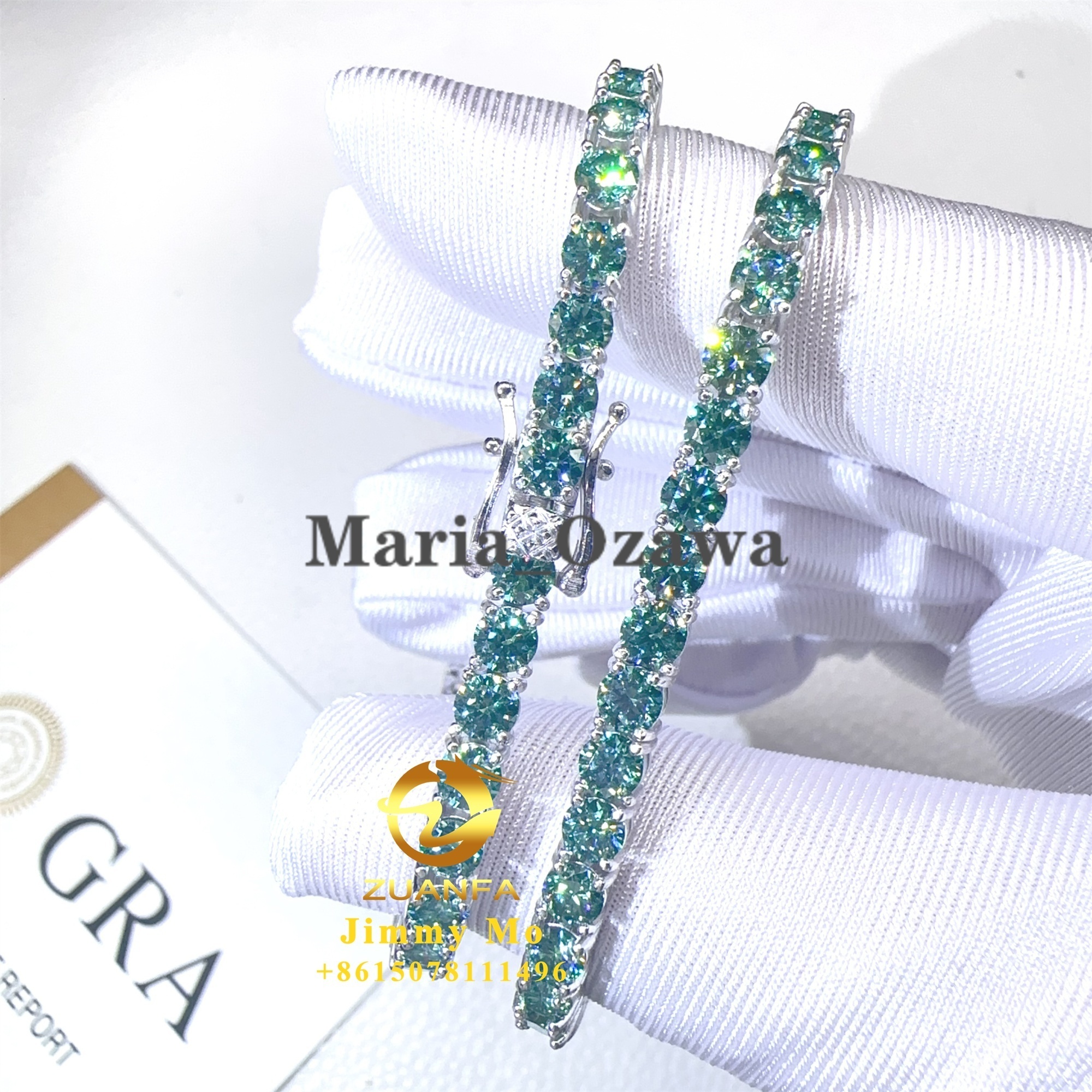 GRA Certificates 3mm 4mm S925 White Gold Plated Hip Hop Jewelry Blue Green Moissanite Diamond Tennis Chain Bracelet Men