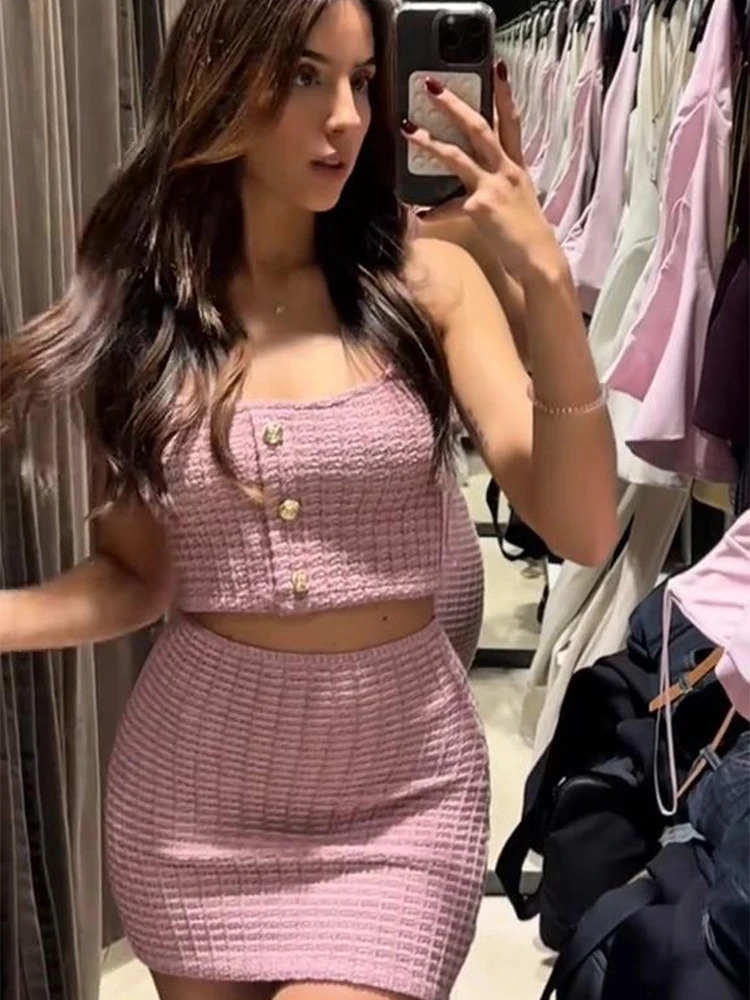 Backless Tube Top Skirt Sets Women Knitted Single Breasted Sleeveless Slim Tops Mini Skirts Suits Summer Chic Streetwear 250729
