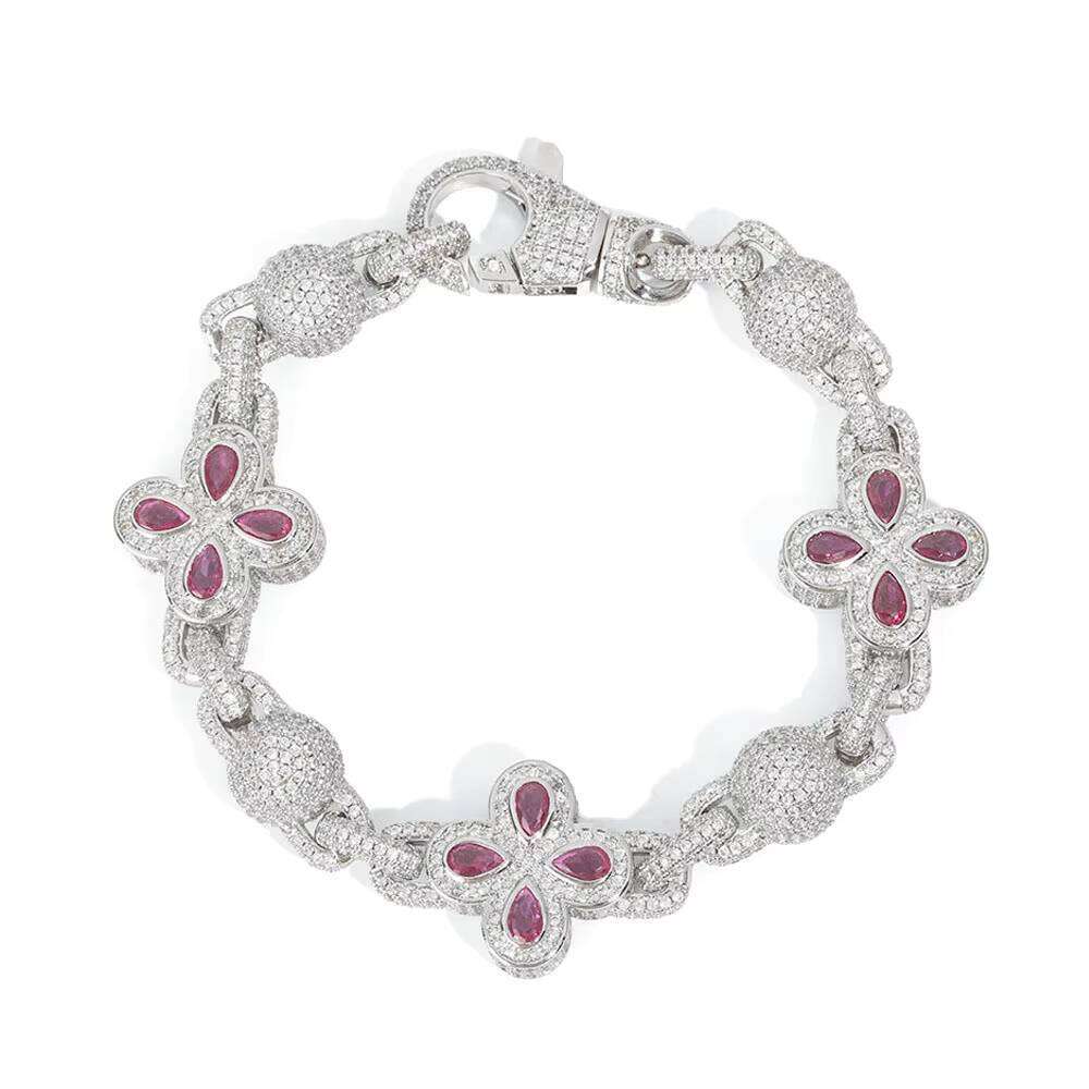 NUOYA Hip Hop Miami Cuban Bracelet Sier Gold Plated Iced Out Flower Cross Four Leaf Clover Dia Chain Jewelry