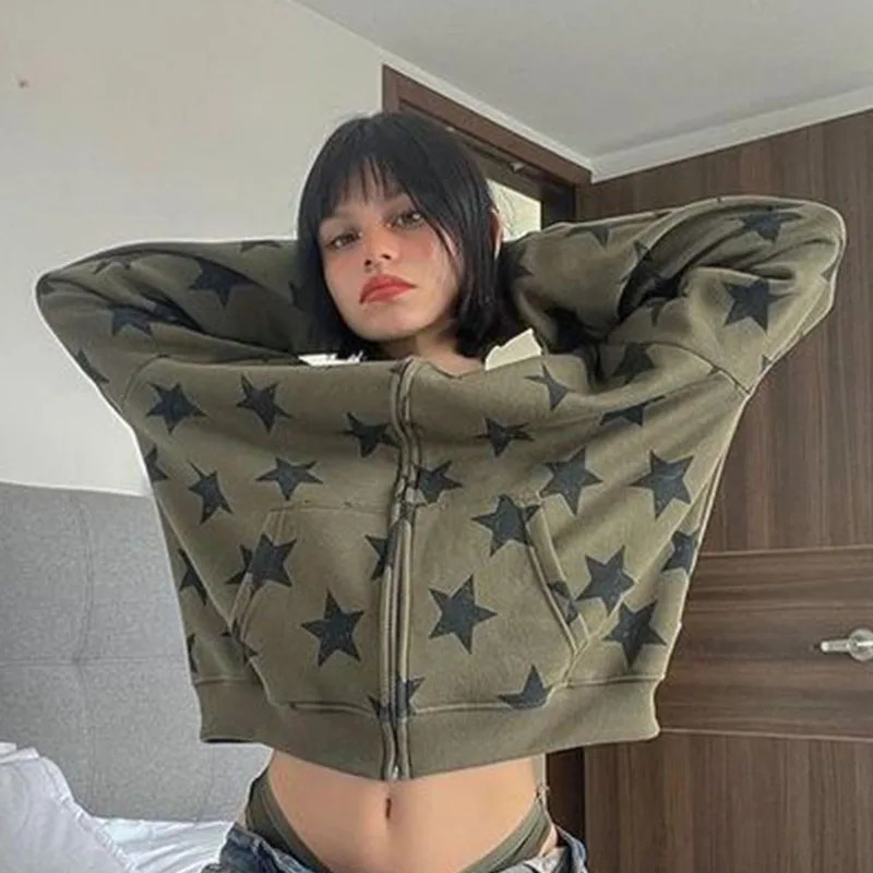2K Vintage Gothic Women Hoodie Fashion Stars Print Zip Up Autumn Winter Hip Hop Long Sleeve Jacket Coat Loose Hooded Sweatshirt 250729