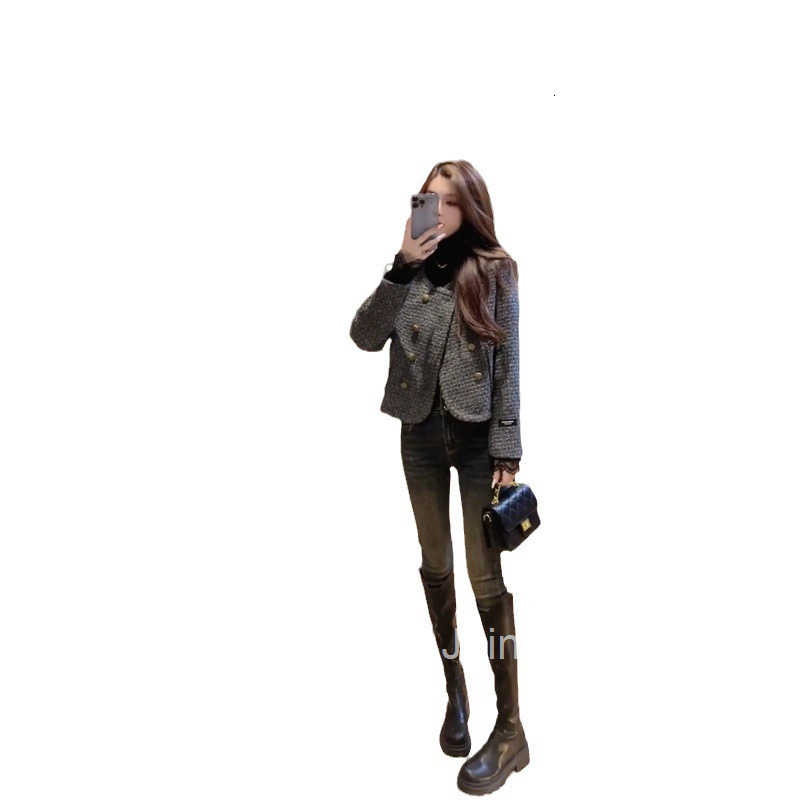 Autumn Winter New Womens French Style Elegant Design Slim Woolen Tweed Double-Breasted Long Sleeve Coat for Women