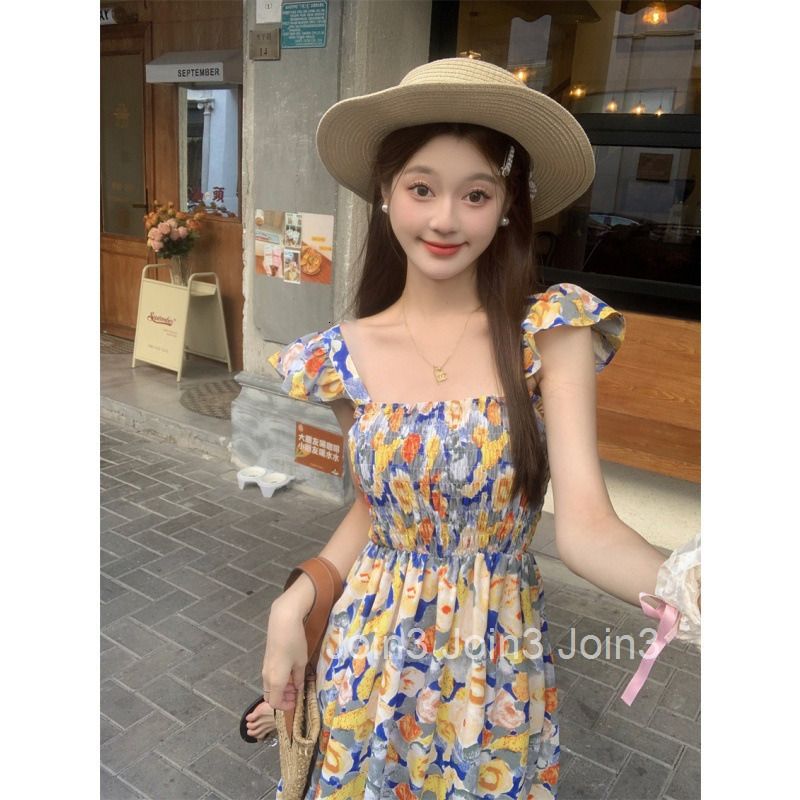 Summer New Womens Sweet Slim High Waist Long Dress A-line Floral Print Strap Dress