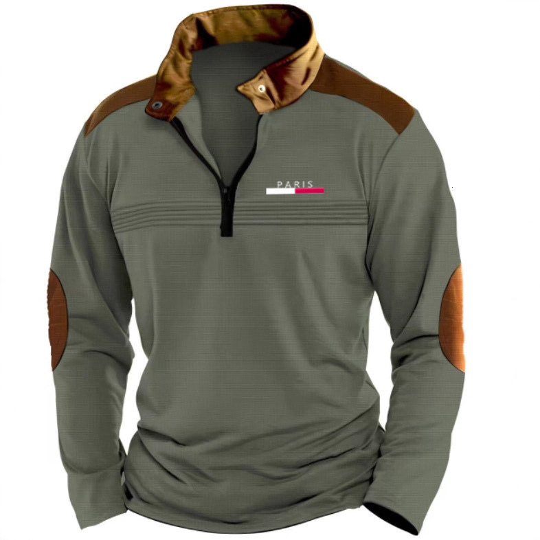 Spring and Autumn Fashion Mens Printed Polo Shirt Mens Zipper Wrinkled Long Sleeve Casual Sweatshirt