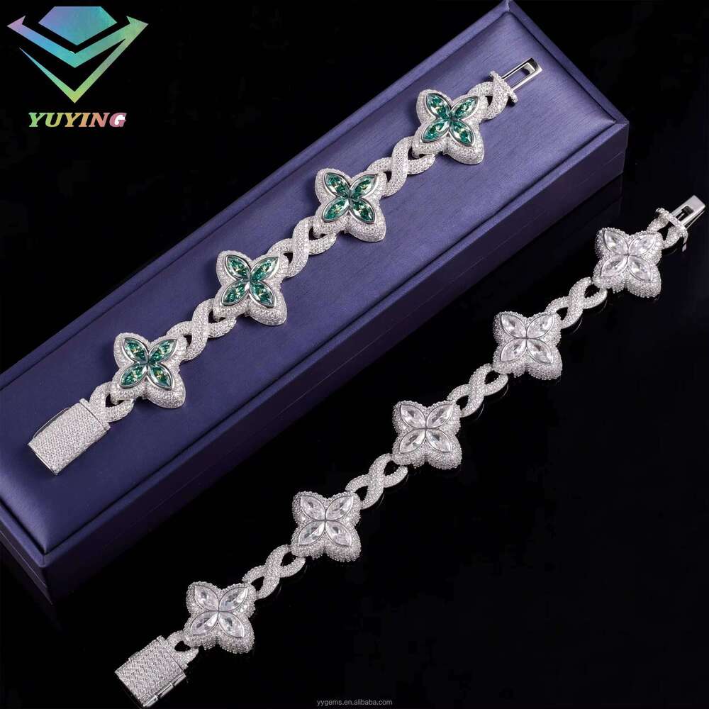 Jewelry Clover Green Dia Sterling Sier Gold Plated Cuban Moissanite Bracelet with GRA Certificate