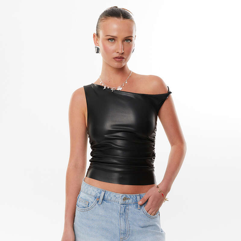 Ytp647 Women's Autumn Winter Twist Strap Off-Shoulder Leather Ruched Short Crop Top T-Shirt B5