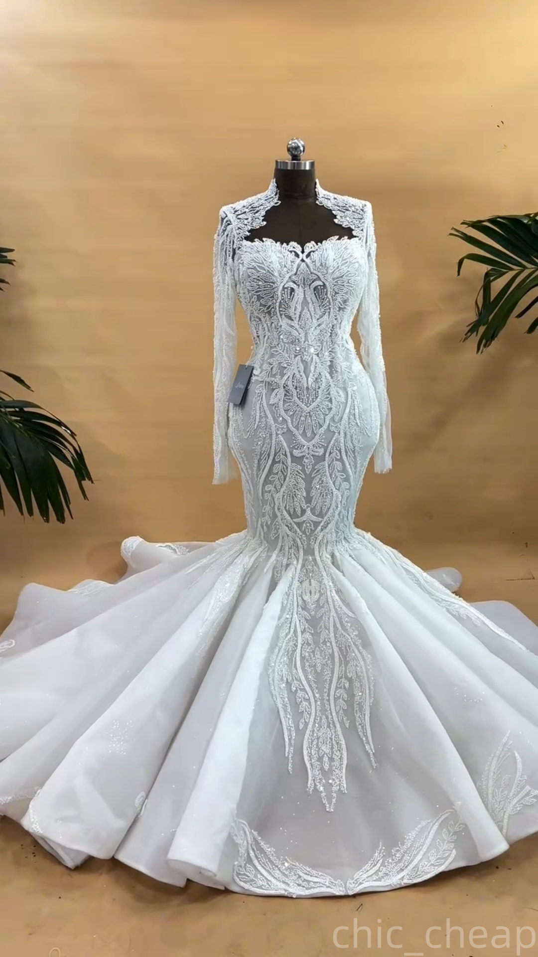2025 Aso Ebi Plus Size Ivory Mermaid Wedding Dress Sequined Tulle Sheer Neck Full Sleeves Vintage Bridal Gowns Dresses ZJ0684