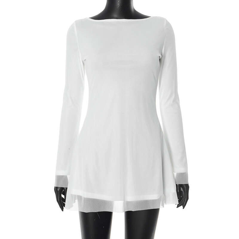 Fds1 Women's Autumn New Solid Color Round Neck Backless Sexy Long Sleeve Bodycon Dress B5