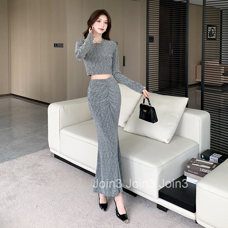 25 Spring and Autumn New Fashionable Socialite Street Style Elegant Shiny Long Sleeve T-Shirt Top + Midi Skirt Two-Piece Set