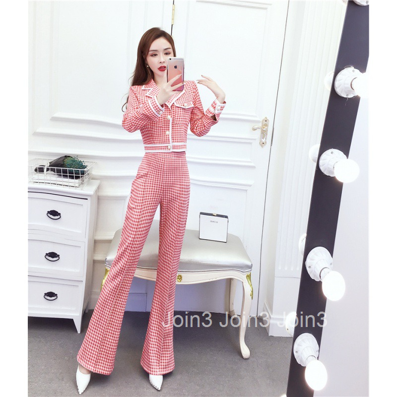 Autumn Winter New Style Elegant Plaid Single-Breasted Blazer Collar Long Sleeve Top Slim Fit Long Pants Set