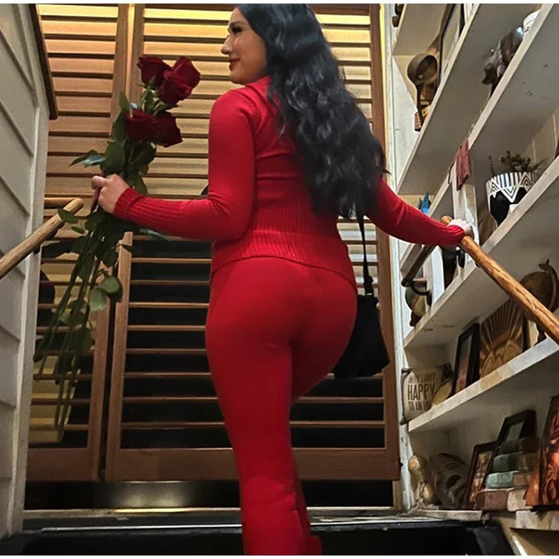 Fashion Women Ribbed Knit 2 Piece Outfits Long Sleeve ZipperUp Slim Fit Hooded Crop Top Elastic Pants Set Y2K Tracksuits 250729