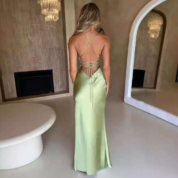 European and American Style Summer New Solid Color Sexy Waist-Cinching Backless Sleeveless Slimming Long Dress
