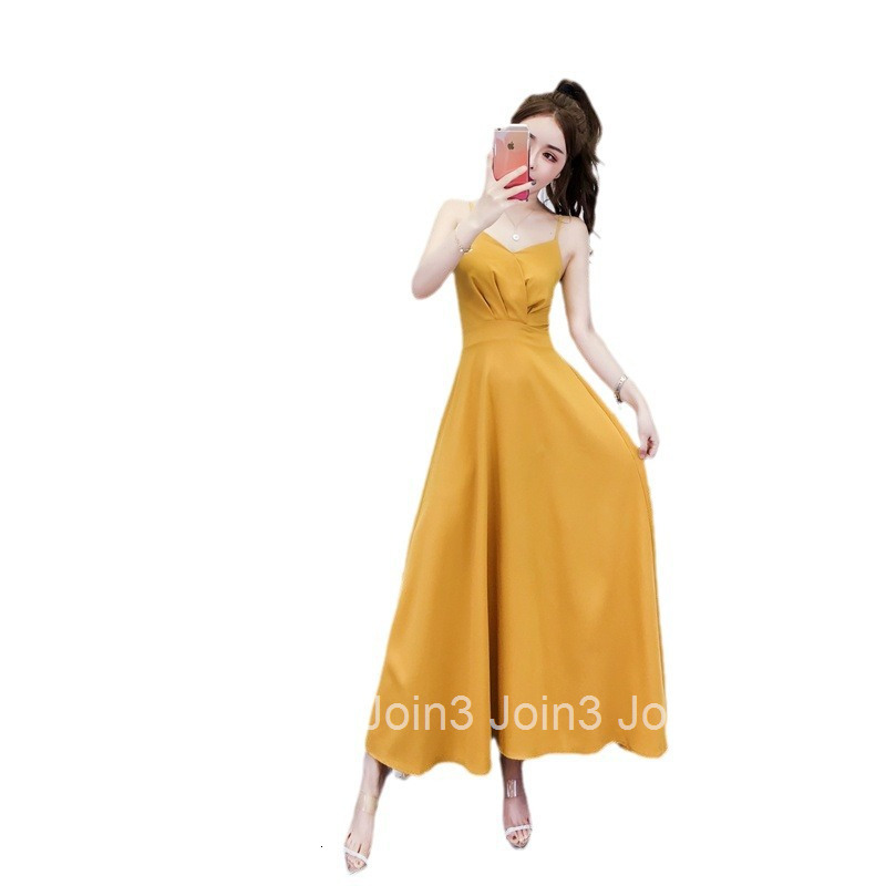 Summer New Fashion Womens Fashion Strap Waist-Cinching Long Dress Large Hem Sleeveless Slim Dress Solid Color