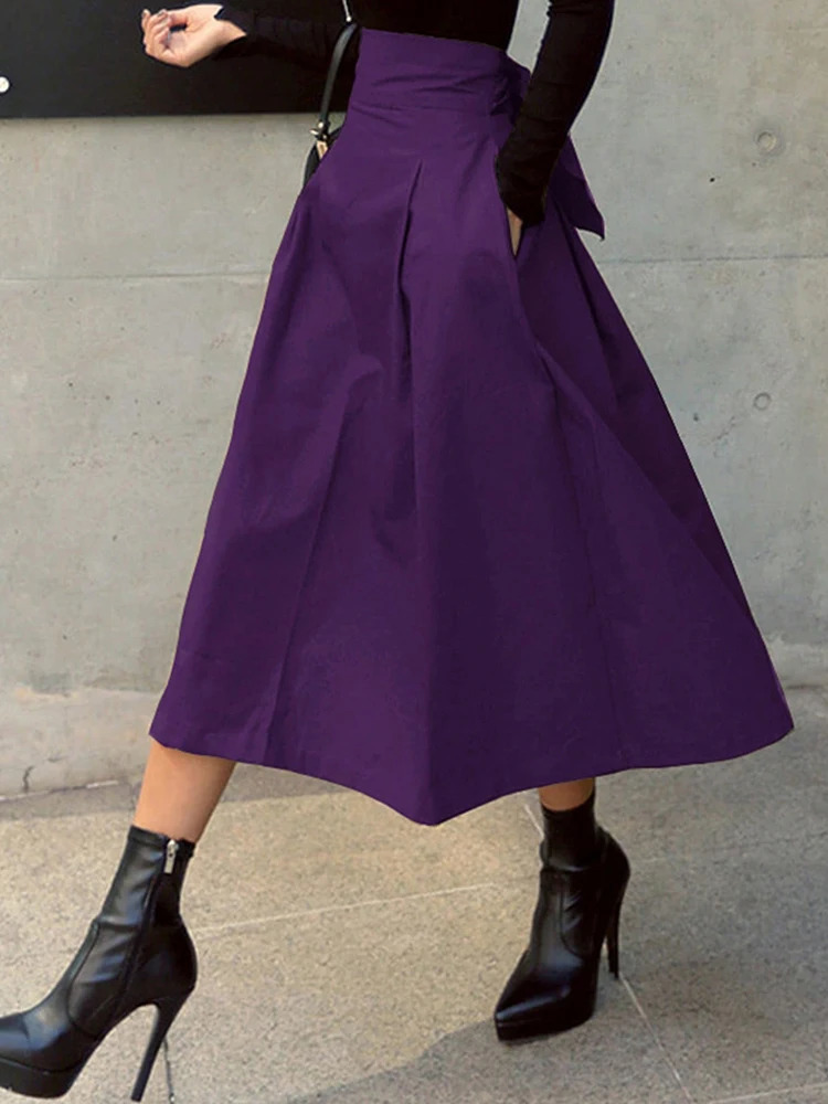 Stylish Solid Aline Skirts for Women Preppy School Style High Elastic Waist Long Skirt with Bow Womens Clothing Skirts 250729