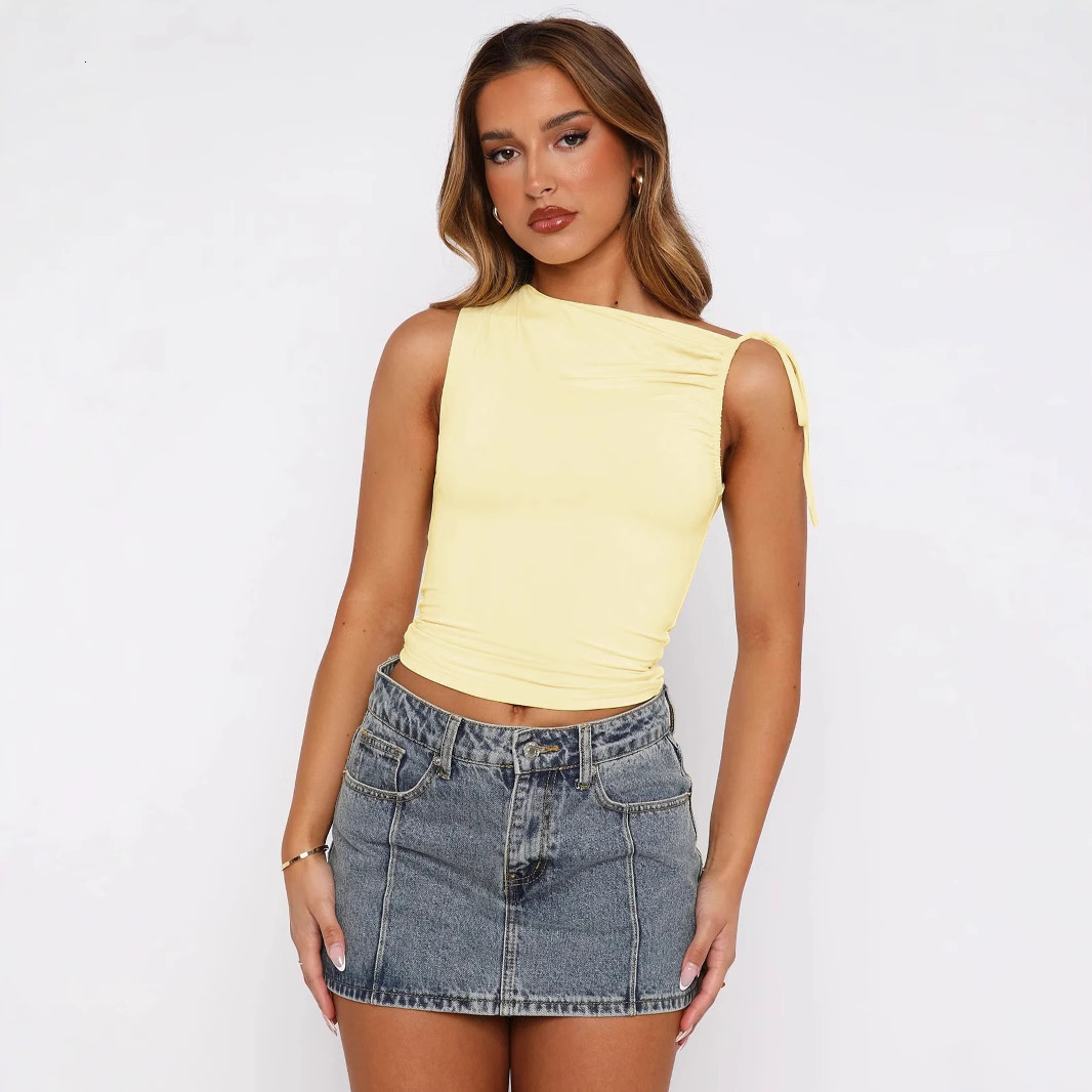 Womens Fashion 2025 Spring Summer New Fashionable Unique Irregular Strap Drawstring Tie Ruched Crop Top for Women