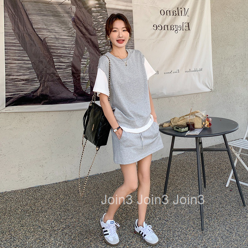 Summer New Fashion Casual Two-Piece Set Round Neck Fake Two-Piece Short Sleeve T-Shirt Top Half Skirt for Women