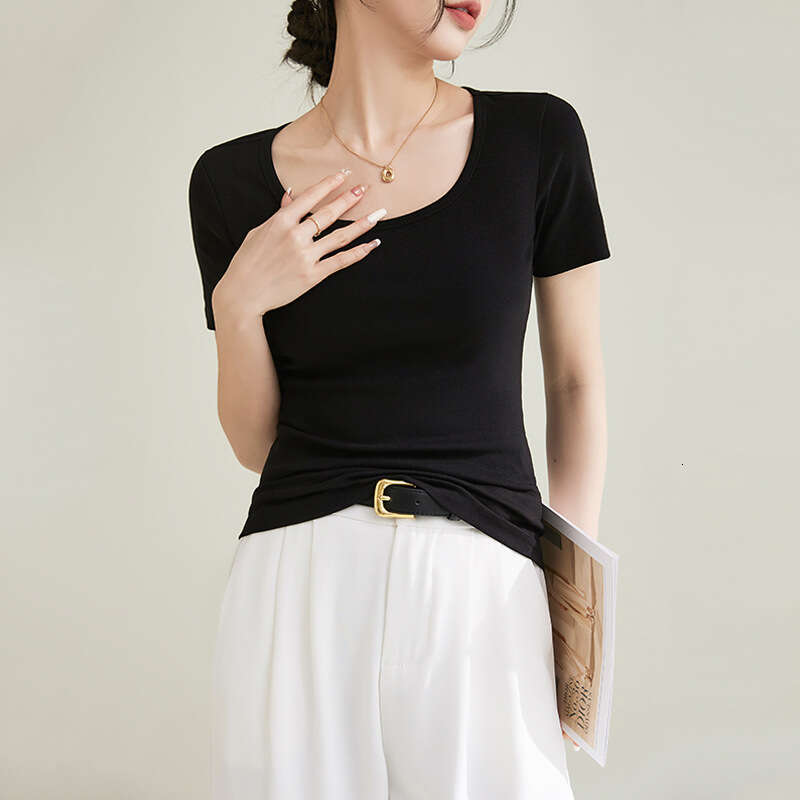 sxzy French Style Square Round Neck Base Layer High-End Feel High Elastic Cotton Short Sleeve T-Shirt for Women 2025 Spring Summer New Pullover Slim F