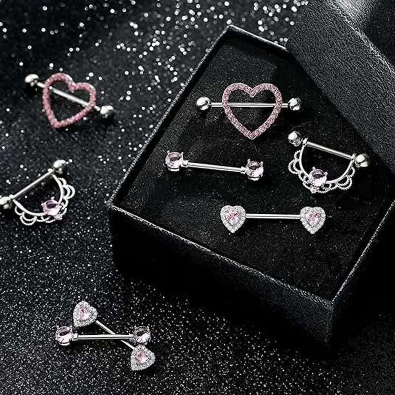 Pink Heart Nipple Piercing Barbell Set Shiny Crystal Nipple Rings Bulk For Women Flower Nippel Jewelry Pack Piercing Teton Lots 250729