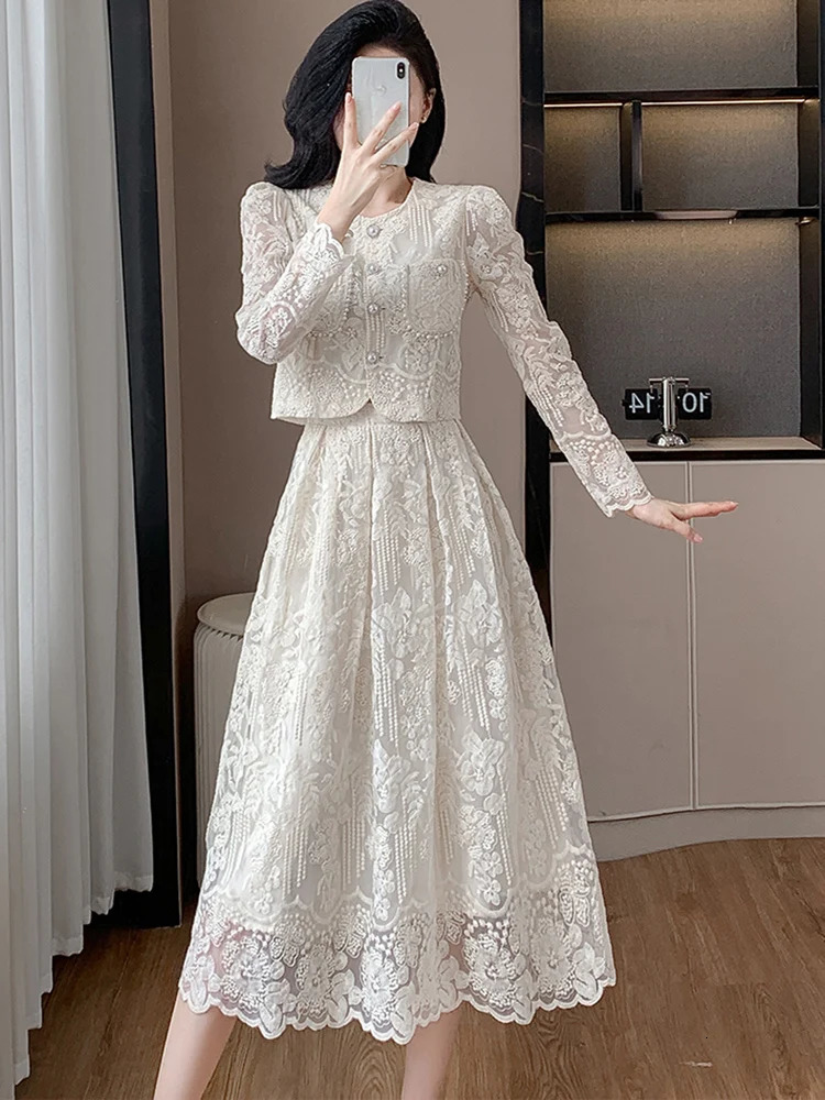 French Temperament Lace Flower Embroidery 2 Piece Set Women Long Sleeve Pearls Buttons Crop Top A-line Midi Skirts Sweet Suit 250728