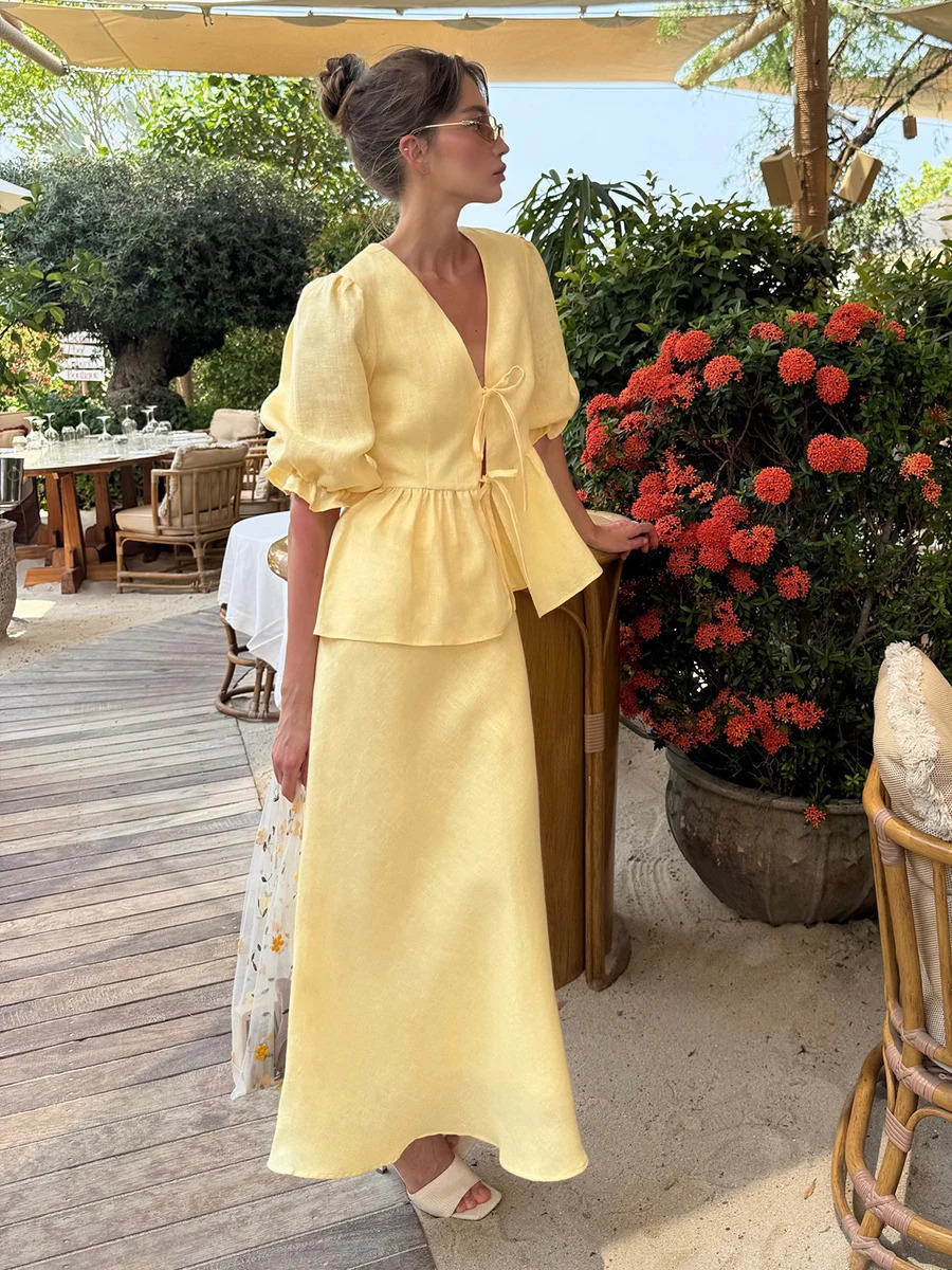 Bornladies 2025 Summer Womens 100% Cotton V-Neck Lace-Up Bubble Sleeve Shirt Long Skirt Set Loose Casual Two-Piece Suit 250728