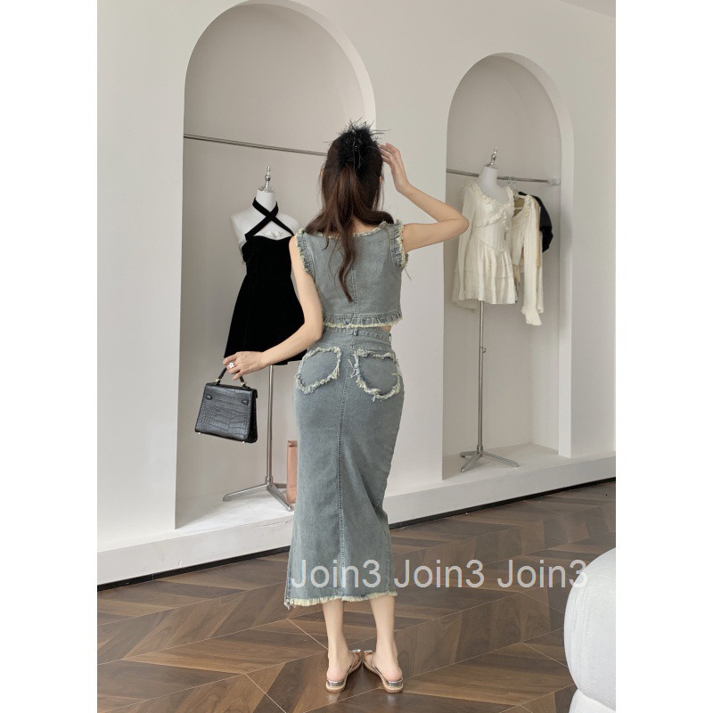 Summer Distressed Frayed Short Sleeveless Denim Top + High Waist Irregular Slit Skirt Set