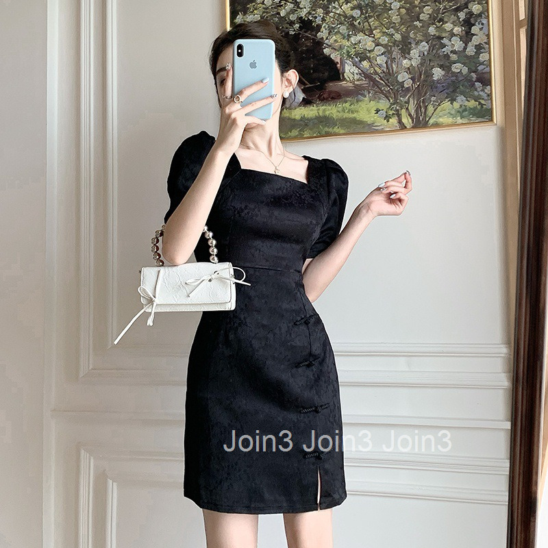 Summer New Womens Socialite Square Neck Waist-Cinching Slimming Elegant Bodycon Short Dress Short Sleeve Sexy Dress