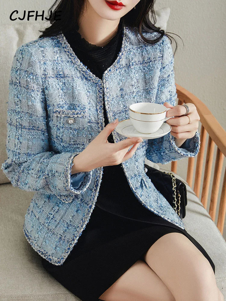 7777777777777777 Long Sleeve Fashion Tweed Jackets Women Spring Autumn Classic Coats Female Plaid Blue Loose ONeck Elegant Lady Jackets 250729