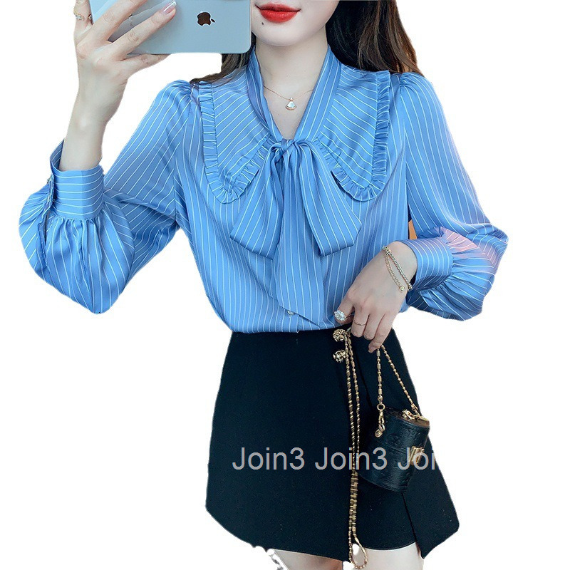 Spring and Autumn New Plus Size Womens Professional Blue Striped Chiffon Long Sleeve Shirt Fashionable Elegant Shirt