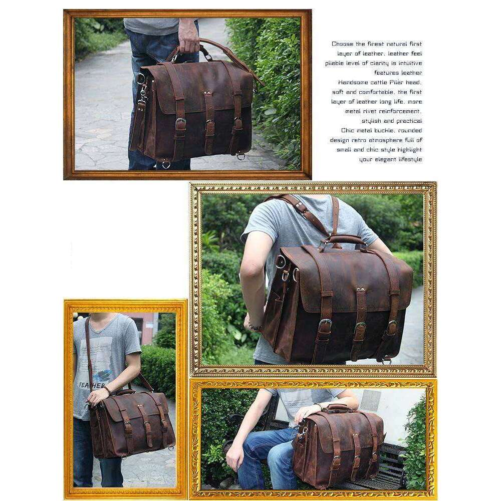 OLOEY Vintage Men's Genuine Backpack Duffle Bag Crazy Horse Leather Lage Travel Tote 100% Authentic