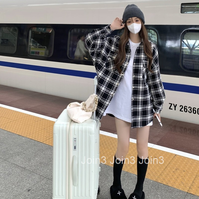 Autumn Winter New Fashion Casual Plaid Cardigan Lazy Woolen Long Sleeve Coat Mid-Length Womens Top Trendy