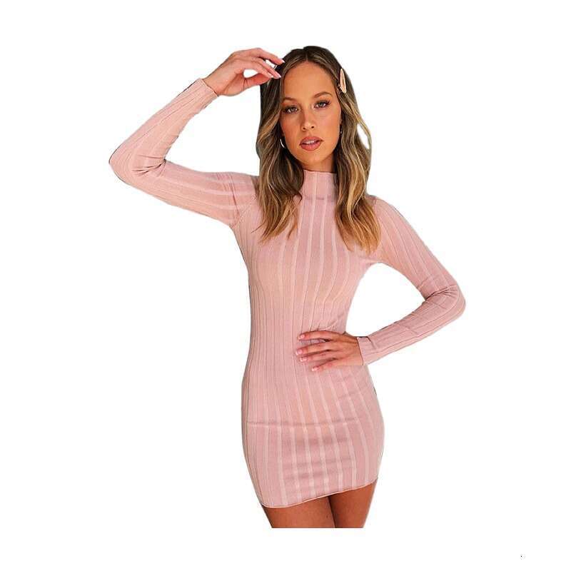 Women's High Neck Long Sleeve Slim Fit Bodycon Short Sexy Knitted Ribbed Dress B5