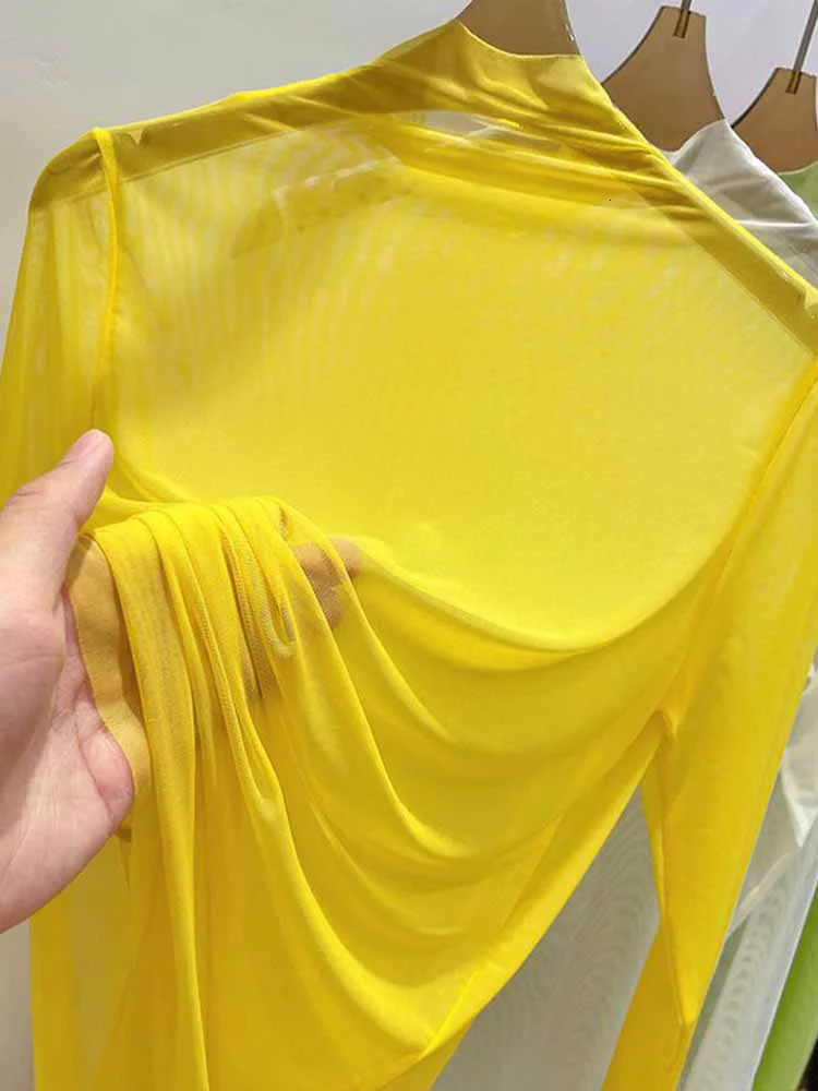 Transparent Gauze Bottoming Tshirt Women Clothing Summer Long Sleeved with Shirt Half High Collar 250729